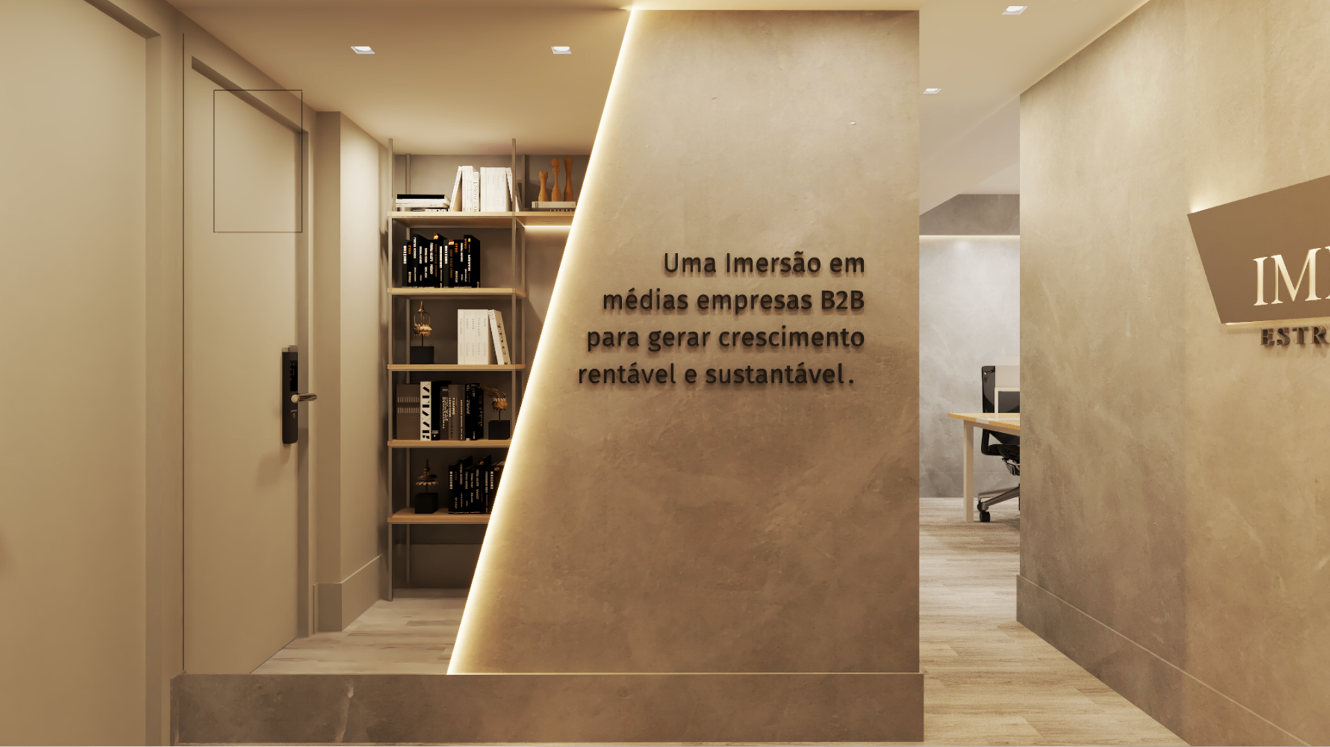 Hall interno da Immersion com iluminação indireta e mensagem institucional na parede