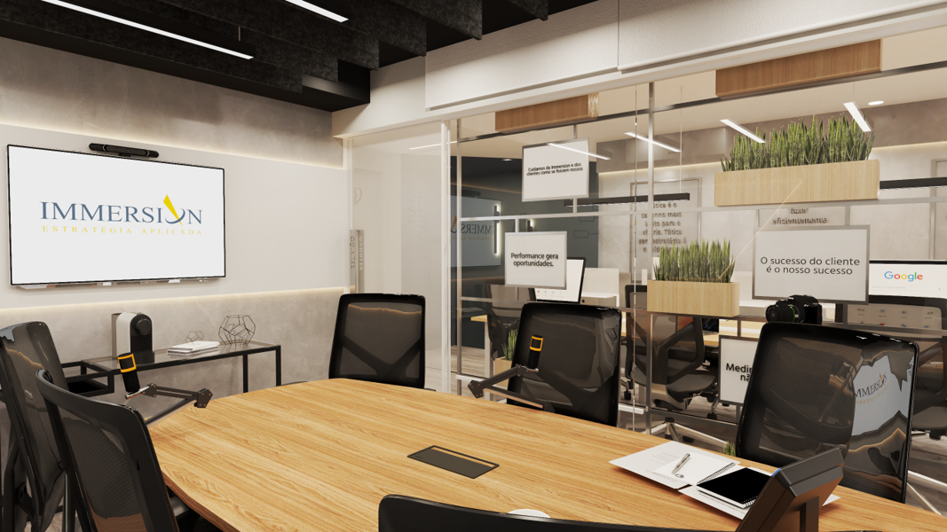 Sala de Reunião da Immersion com mesa executiva, telão e vidros