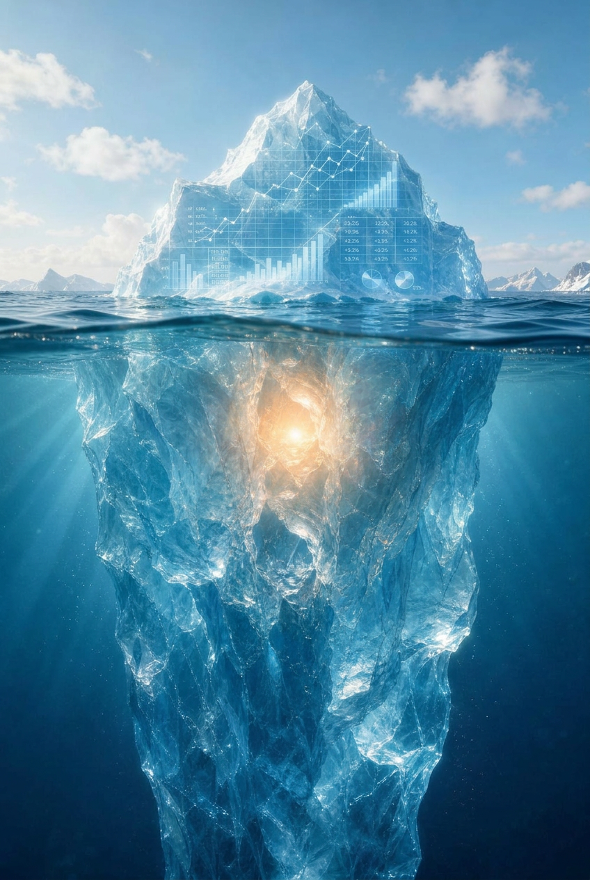 Iceberg representando a estratégia como ativo invisível: pequena ponta visível e vasta estrutura submersa iluminada por um brilho âmbar